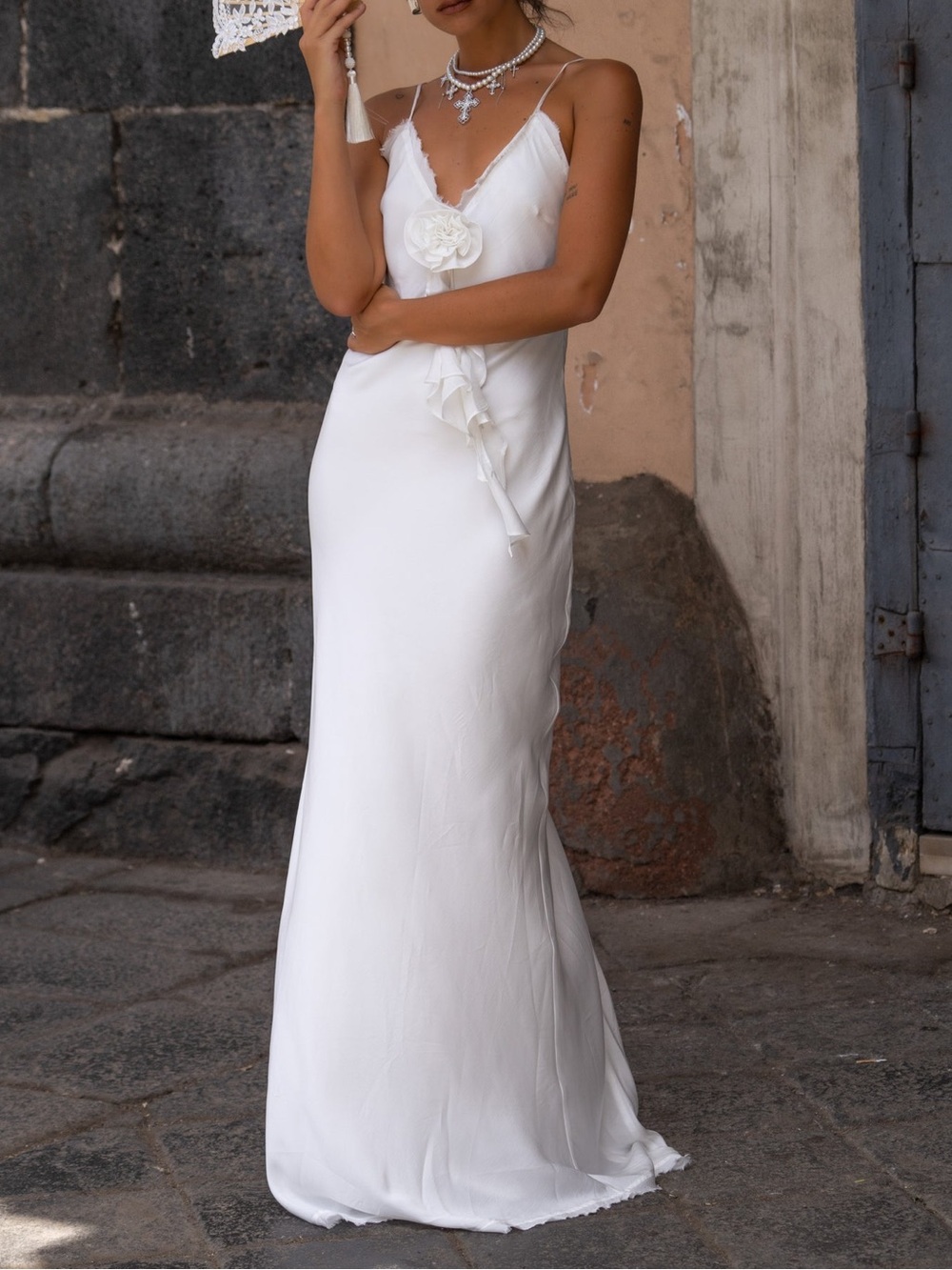 12th Tribe Prosecco White Rosette Maxi Dress